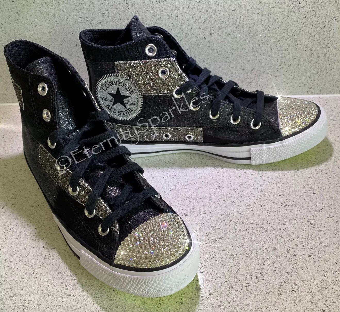 Custom Converse Black Glitter Luxury Crystal Sparkle Hi Top Trainers
