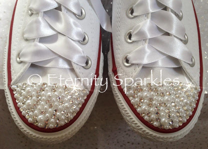 Custom Converse White Luxury Pearl & Crystal Sparkle Bridal Trainers