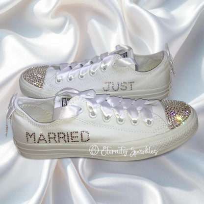 Custom Converse Mono White Personalised Luxury Crystal Sparkle Bridal Trainers