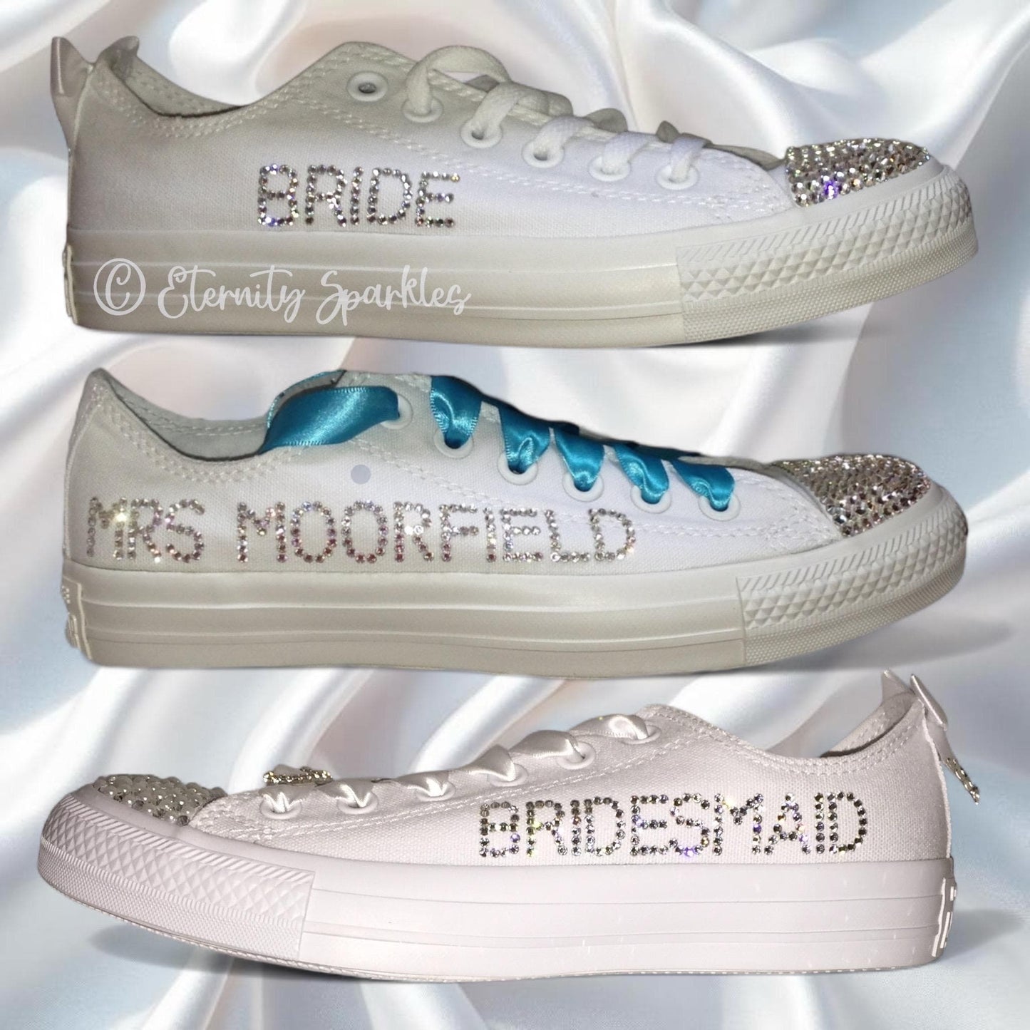 Custom Converse Mono White Personalised Luxury Crystal Sparkle Bridal Trainers
