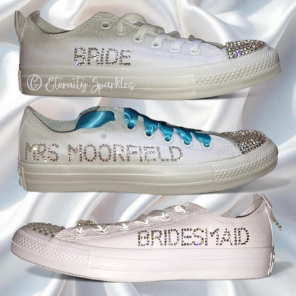 Custom Converse Mono White Personalised Luxury Crystal Sparkle Bridal Trainers