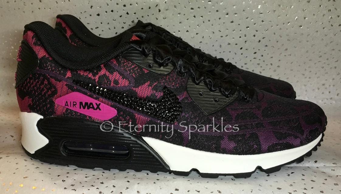 Custom Nike Air Max 90 Pink, Black Jacquard Luxury Crystal Sparkle Ladies Trainers