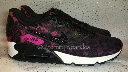 Custom Nike Air Max 90 Pink, Black Jacquard Luxury Crystal Sparkle Ladies Trainers