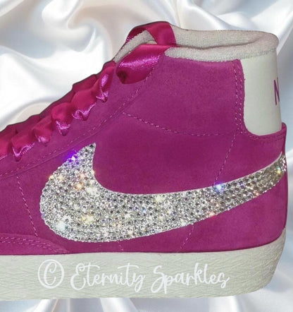 Custom Nike Blazer Hot Pink Suede Luxury Crystal Sparkle Ladies Girls Mid Top Trainers