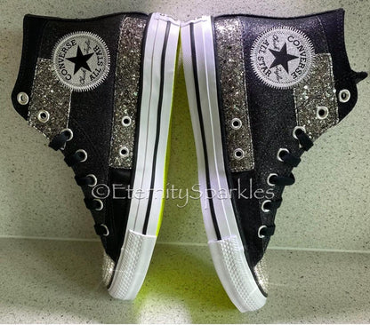 Custom Converse Black Glitter Luxury Crystal Sparkle Hi Top Trainers