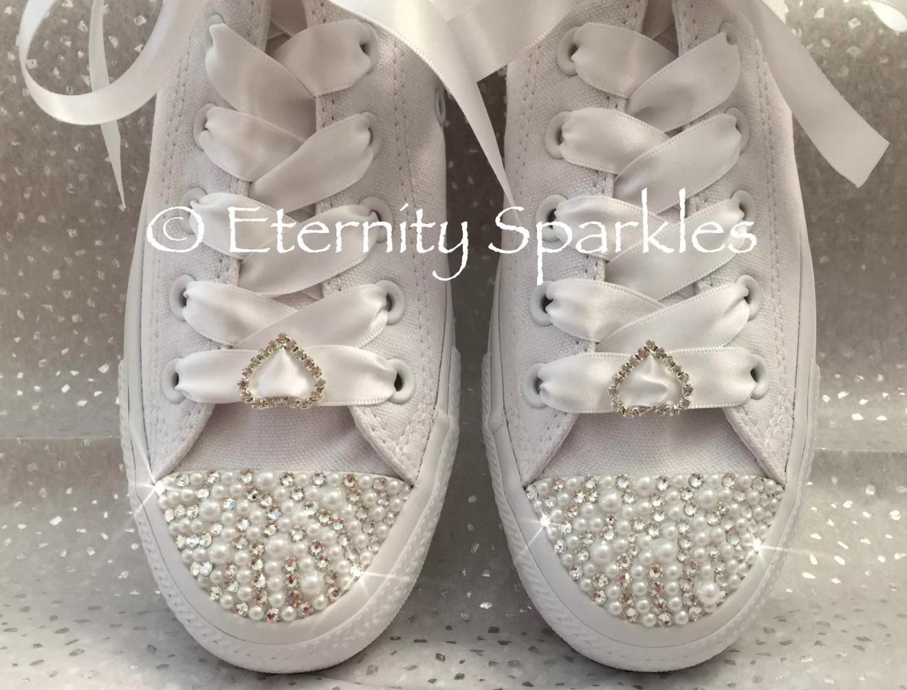 Custom Converse Mono White Personalised Luxury Pearl & Crystal Sparkle Bridal Trainers Sneakers