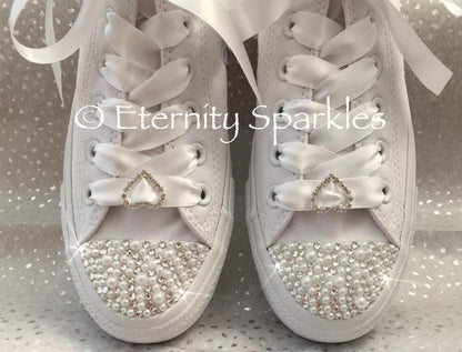 Custom Converse Mono White Personalised Luxury Pearl & Crystal Sparkle Bridal Trainers Sneakers