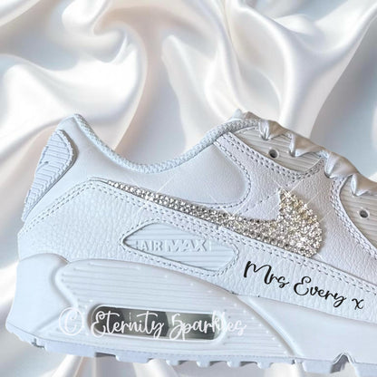Custom Nike Air Max 90 White Personalised Luxury Crystal Sparkle Bridal Trainers