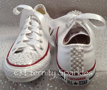 Custom Converse White Luxury Pearl & Crystal Sparkle Bridal Trainers