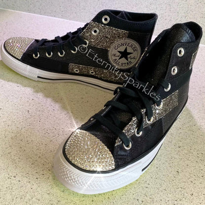 Custom Converse Black Glitter Luxury Crystal Sparkle Hi Top Trainers