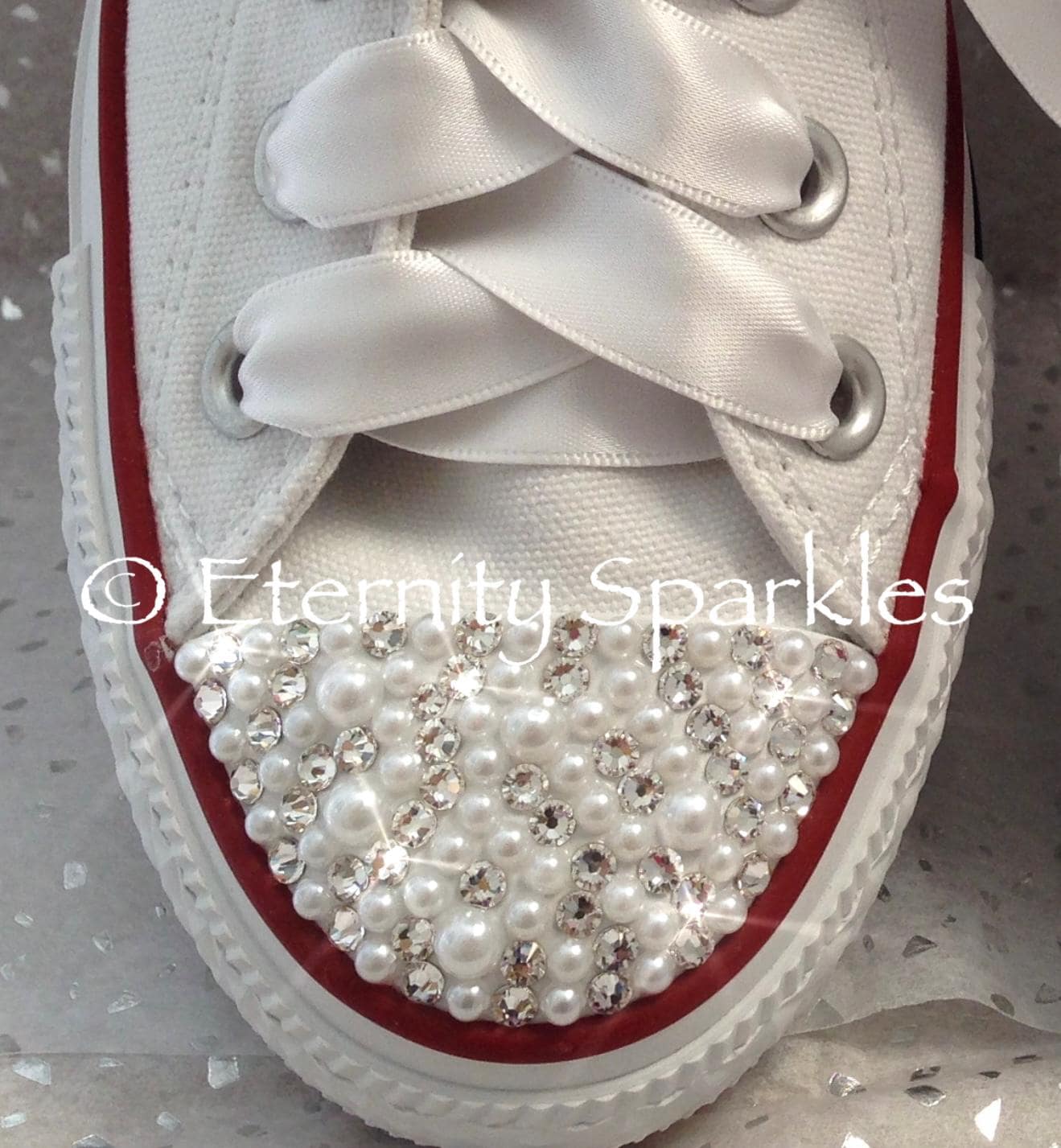 Custom Converse White Luxury Pearl & Crystal Sparkle Bridal Trainers
