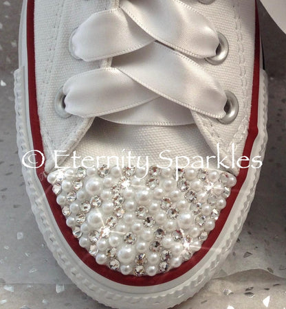 Custom Converse White Luxury Pearl & Crystal Sparkle Bridal Trainers
