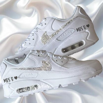 Custom Nike Air Max 90 White Personalised Luxury Crystal Sparkle Bridal Trainers