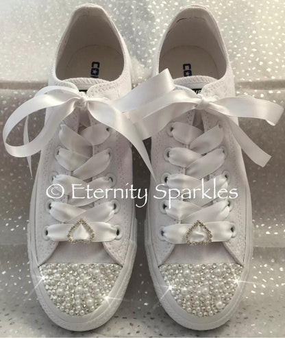 Custom Converse Mono White Personalised Luxury Pearl & Crystal Sparkle Bridal Trainers Sneakers