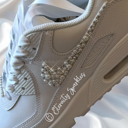 Custom Nike Air Max 90 White Personalised Luxury Pearl & Crystal Sparkle Bridal Trainers