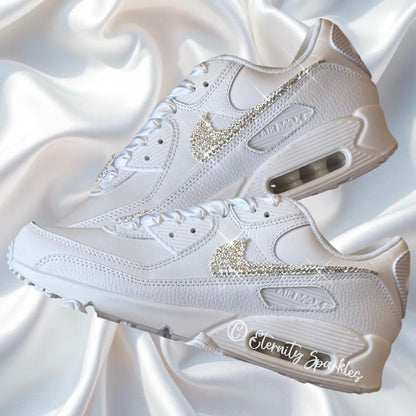 Custom Nike Air Max 90 White Personalised Luxury Crystal Sparkle Bridal Trainers