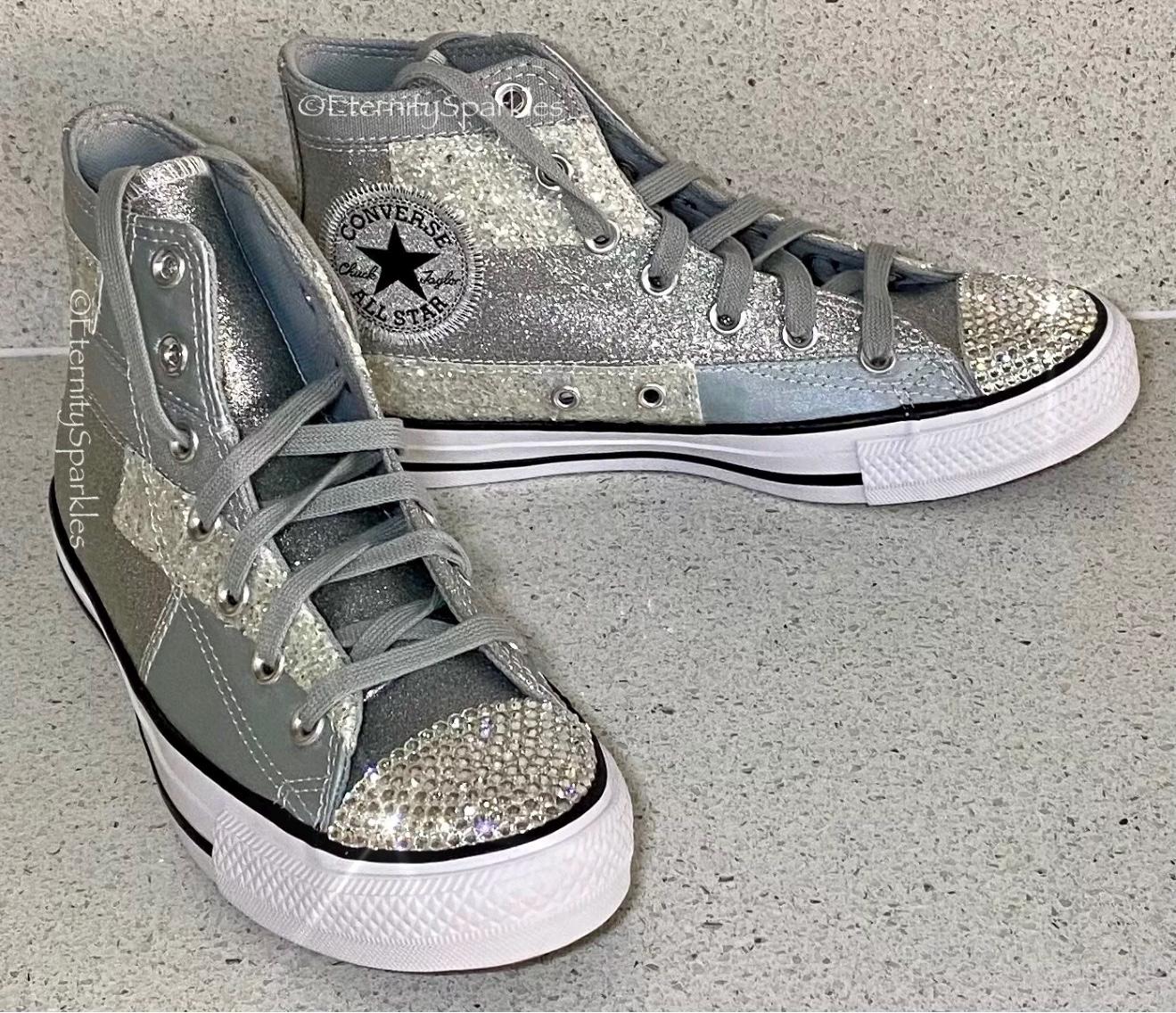 Custom Converse Silver Glitter Luxury Crystal Sparkle Hi Top Trainers