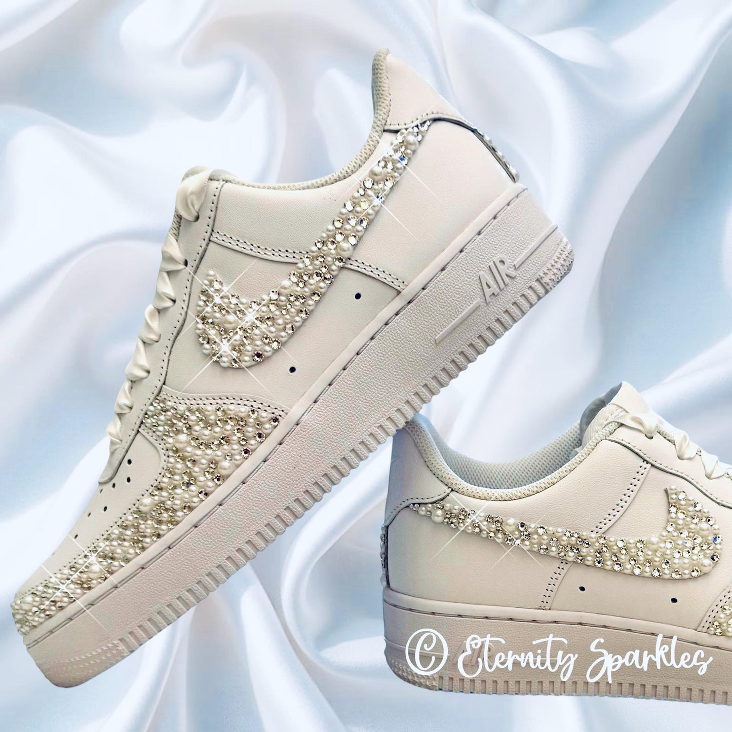Custom Nike Air Force 1 AF1 White Personalised Luxury Pearl & Crystal Sparkle Bridal Trainers