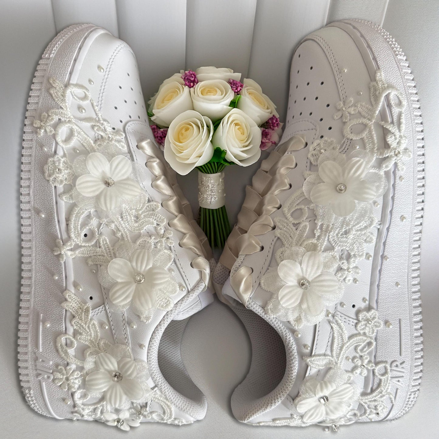 Custom Nike Air Force 1 AF1 White Personalised Luxury Lace Bridal Trainers