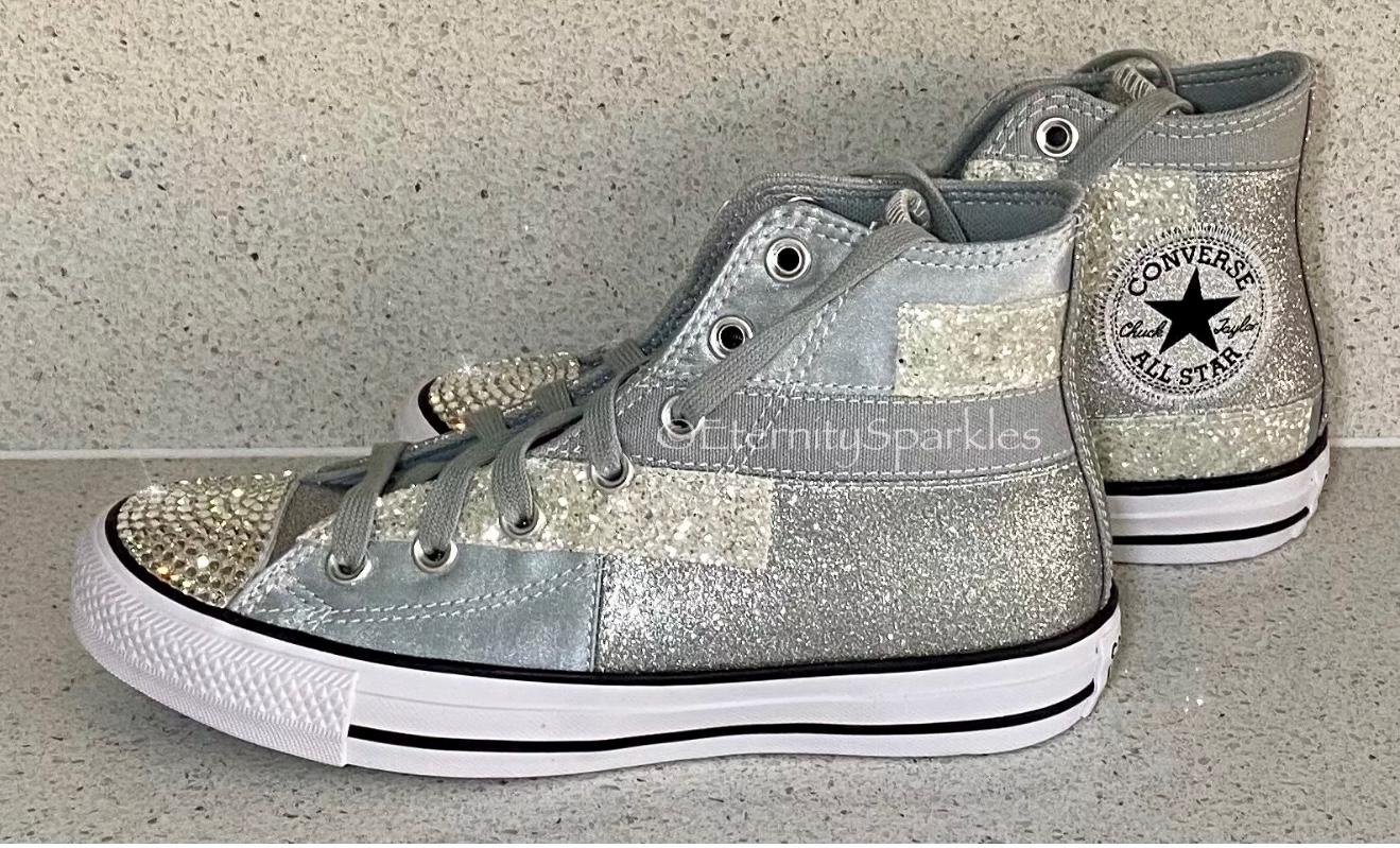 Custom Converse Silver Glitter Luxury Crystal Sparkle Hi Top Trainers