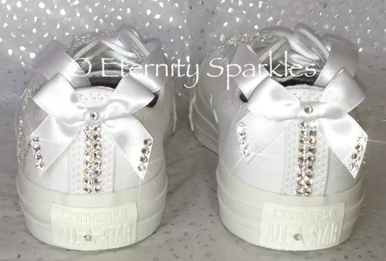 Custom Converse Mono White Personalised Luxury Pearl & Crystal Sparkle Bridal Trainers Sneakers