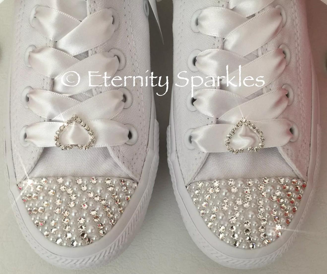 Custom Converse Mono White Personalised Luxury Pearl & Crystal Sparkle Bridal Trainers Sneakers