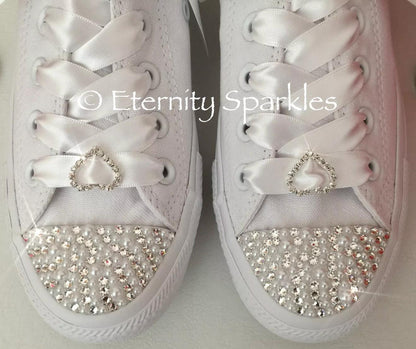 Custom Converse Mono White Personalised Luxury Pearl & Crystal Sparkle Bridal Trainers Sneakers