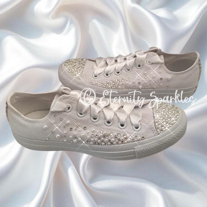 Custom Converse Mono White Luxury Pearl & Crystal Starburst Sparkle Bridal Trainers