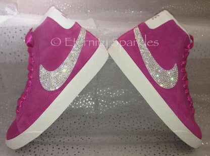 Custom Nike Blazer Hot Pink Suede Luxury Crystal Sparkle Ladies Girls Mid Top Trainers