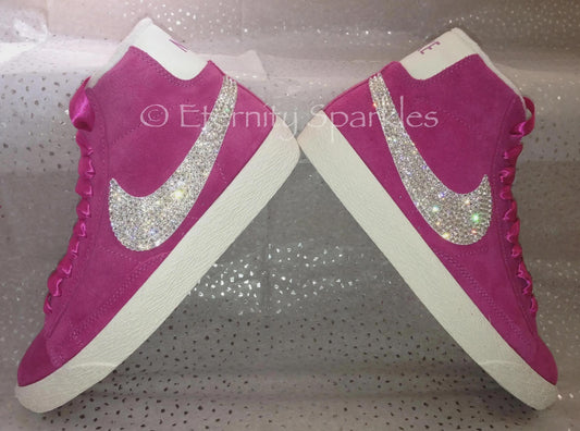 Custom Nike Blazer Hot Pink Suede Luxury Crystal Sparkle Ladies Girls Mid Top Trainers