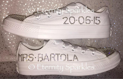 Custom Converse Mono White Personalised Luxury Pearl & Crystal Sparkle Bridal Trainers Sneakers