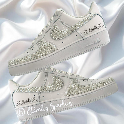 Custom Nike Air Force 1 AF1 White Personalised Luxury Pearl & Crystal Sparkle Bridal Trainers