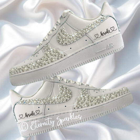 Custom Nike Air Force 1 AF1 White Personalised Luxury Pearl & Crystal Sparkle Bridal Trainers