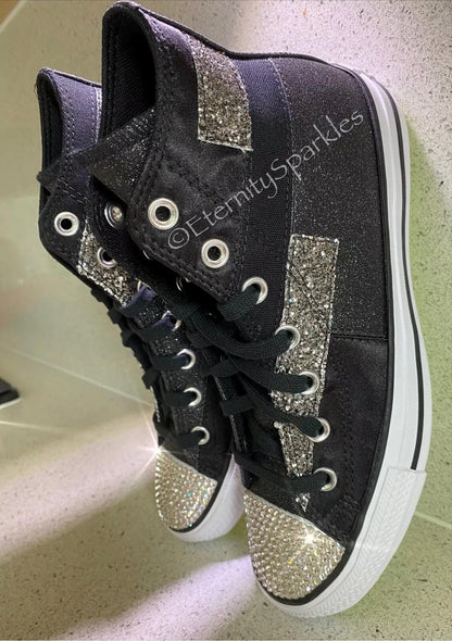 Custom Converse Black Glitter Luxury Crystal Sparkle Hi Top Trainers