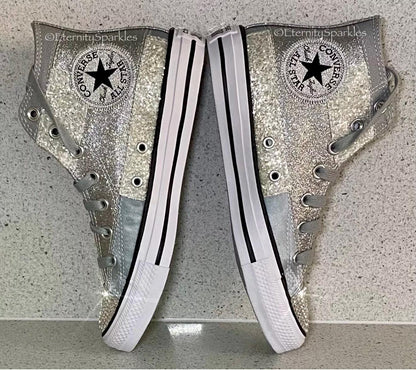 Custom Converse Silver Glitter Luxury Crystal Sparkle Hi Top Trainers