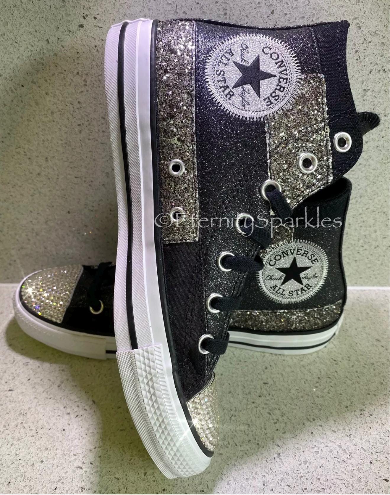 Custom Converse Black Glitter Luxury Crystal Sparkle Hi Top Trainers