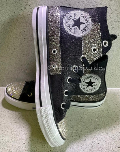 Custom Converse Black Glitter Luxury Crystal Sparkle Hi Top Trainers