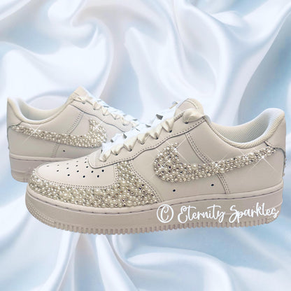 Custom Nike Air Force 1 AF1 White Personalised Luxury Pearl & Crystal Sparkle Bridal Trainers