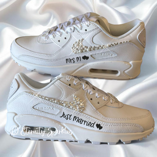 Custom Nike Air Max 90 White Personalised Luxury Pearl & Crystal Sparkle Bridal Trainers