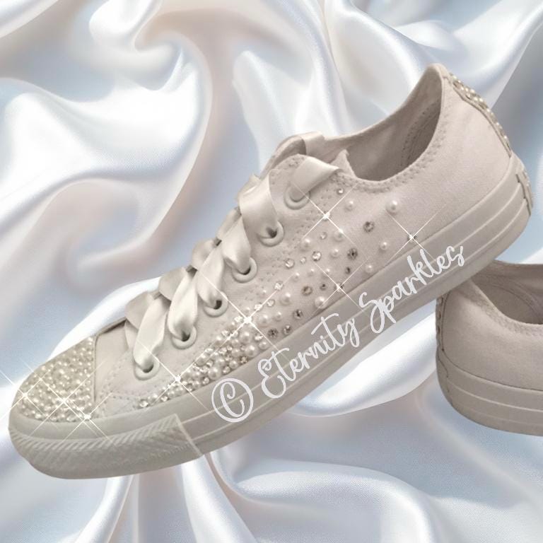 Custom Converse Mono White Luxury Pearl & Crystal Starburst Sparkle Bridal Trainers
