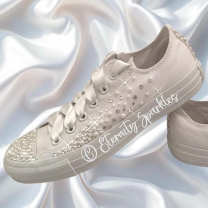 Custom Converse Mono White Luxury Pearl & Crystal Starburst Sparkle Bridal Trainers