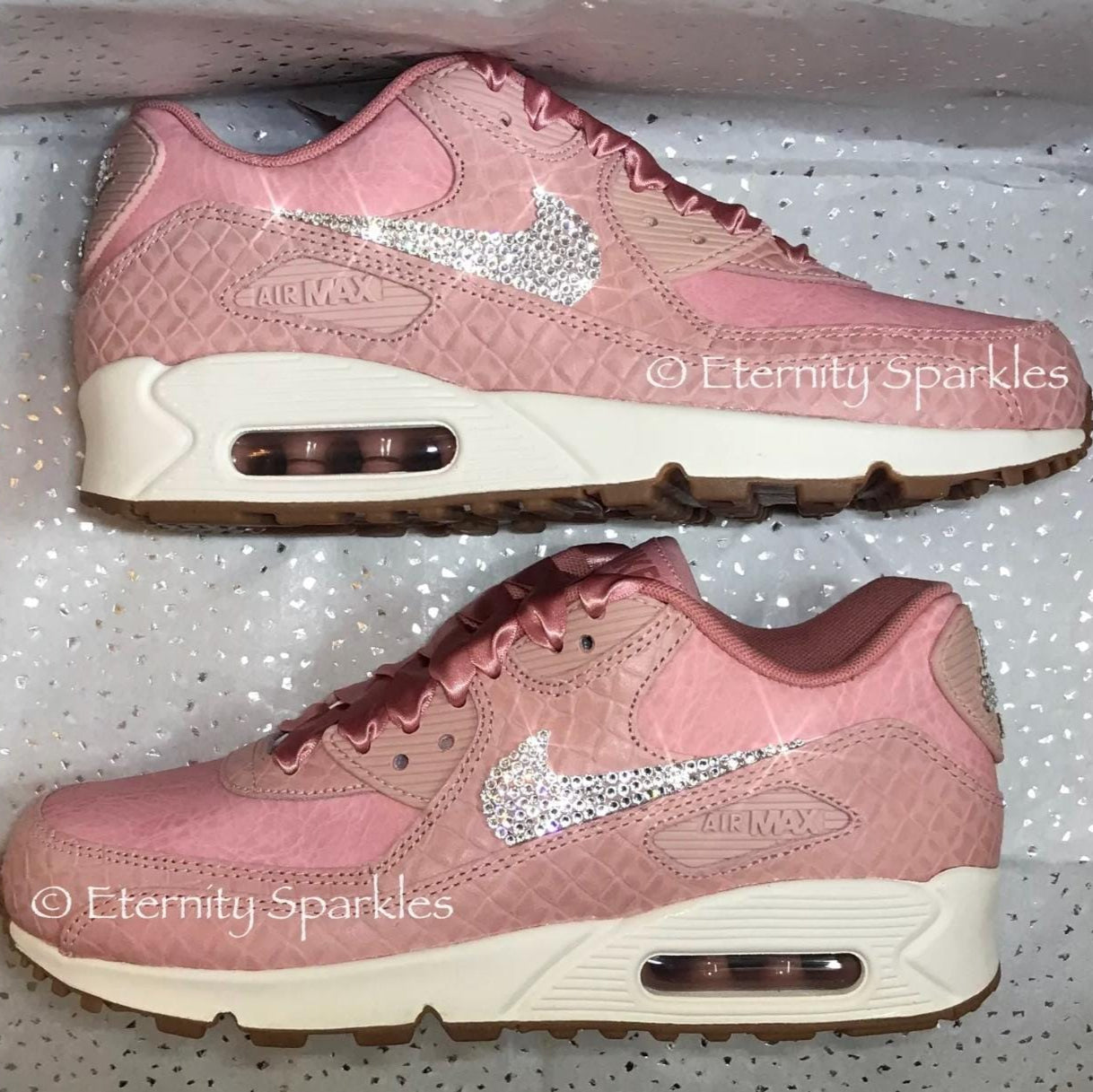 Custom Nike Air Max 90 Premium Pink Glaze Luxury Crystal Sparkle Ladies Trainers