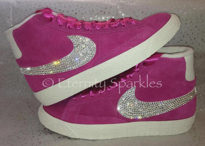 Custom Nike Blazer Hot Pink Suede Luxury Crystal Sparkle Ladies Girls Mid Top Trainers