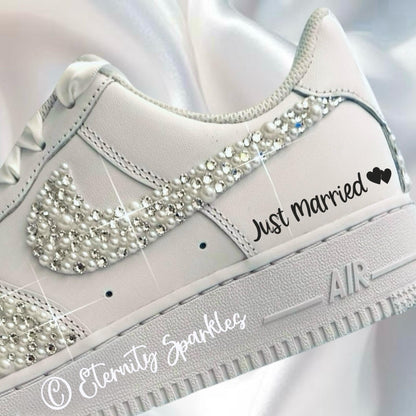 Custom Nike Air Force 1 AF1 White Personalised Luxury Pearl & Crystal Sparkle Bridal Trainers