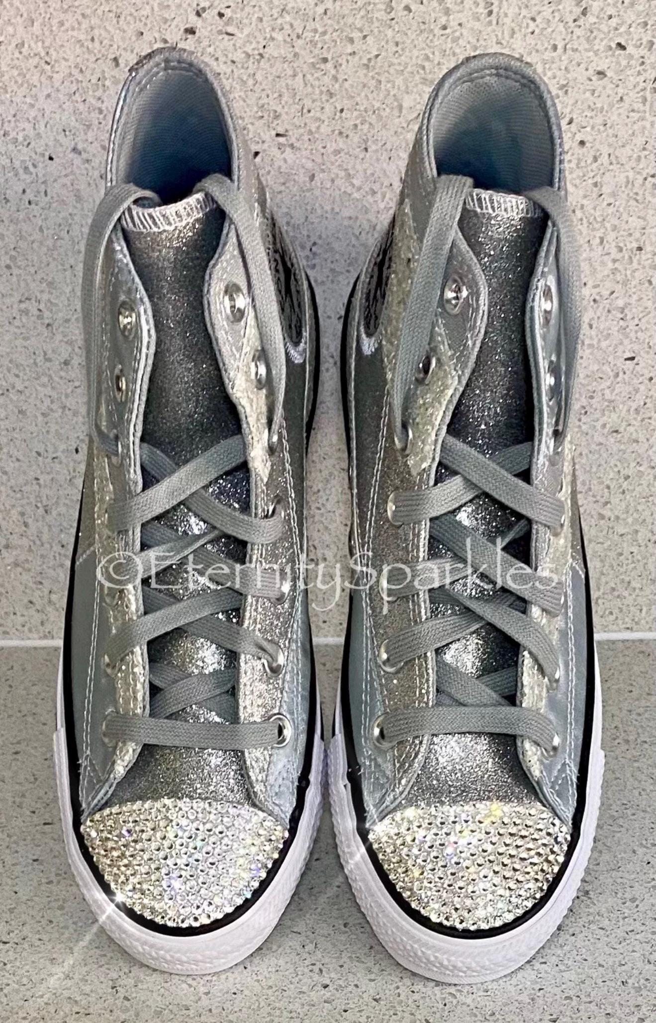 Custom Converse Silver Glitter Luxury Crystal Sparkle Hi Top Trainers