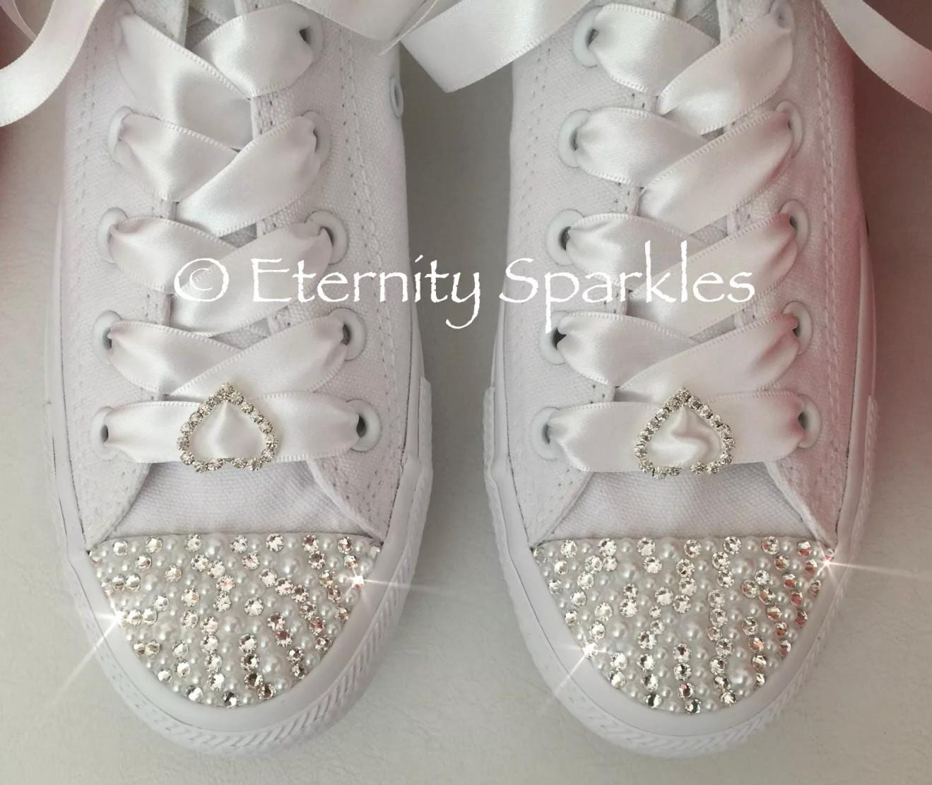 Custom Converse Mono White Personalised Luxury Pearl & Crystal Sparkle Bridal Trainers Sneakers