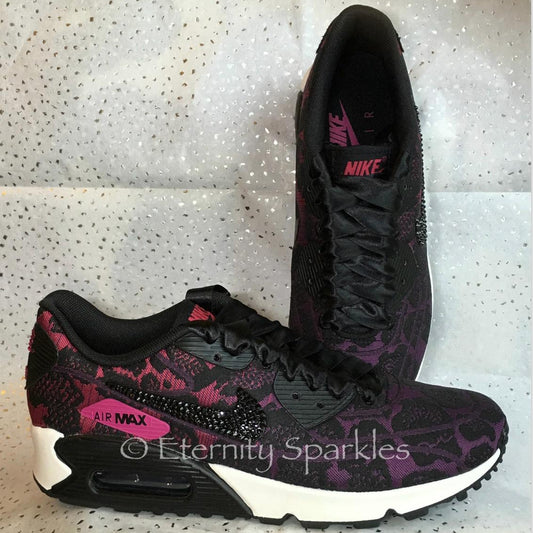 Custom Nike Air Max 90 Pink, Black Jacquard Luxury Crystal Sparkle Ladies Trainers