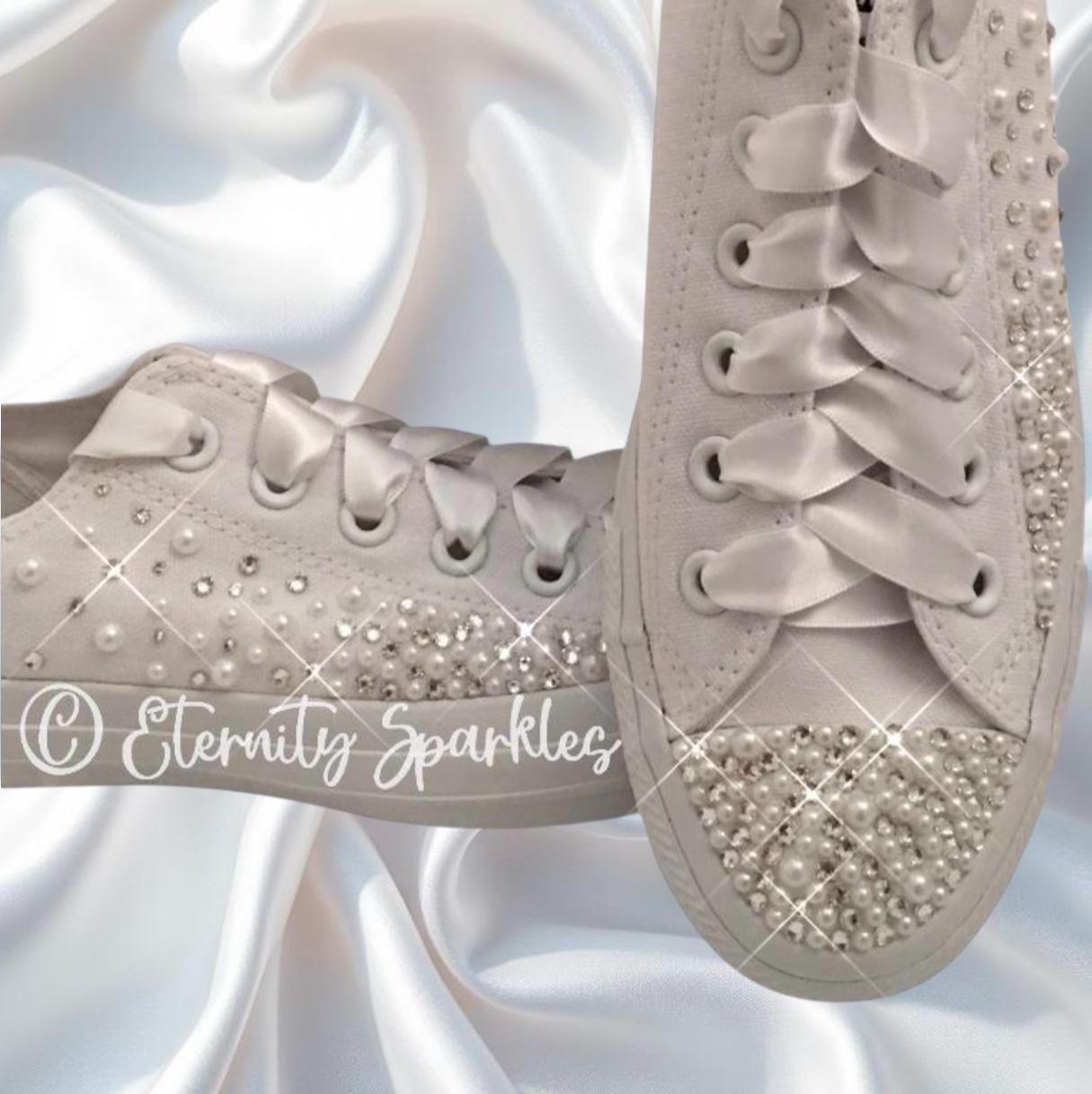 Custom Converse Mono White Luxury Pearl & Crystal Starburst Sparkle Bridal Trainers