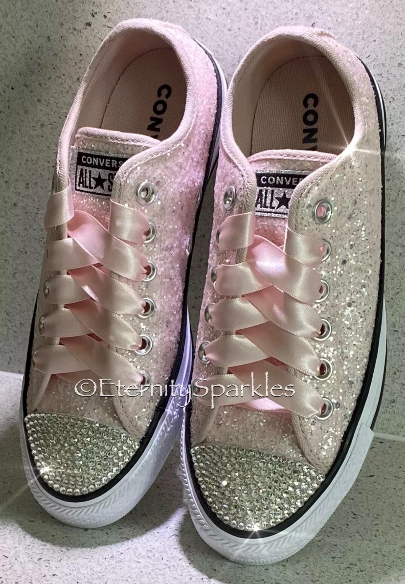 Custom Converse Pale Pink Glitter Luxury Crystal Sparkle Trainers