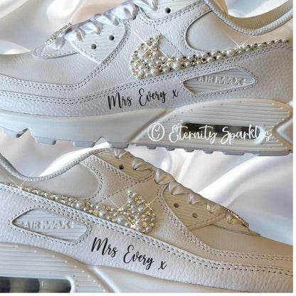 Custom Nike Air Max 90 White Personalised Luxury Pearl & Crystal Sparkle Bridal Trainers